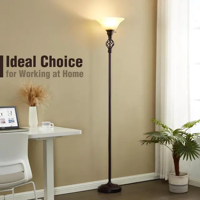 Alt view image 7 of 7 - Torchiere Floor Lamp for Living Room, LED Standing Reading Light for Bedroom with Glass Shade for Living Room Corner Bedroom Home Office,Bulbs Included (Yellow Lampshade, Glass 1 Head)