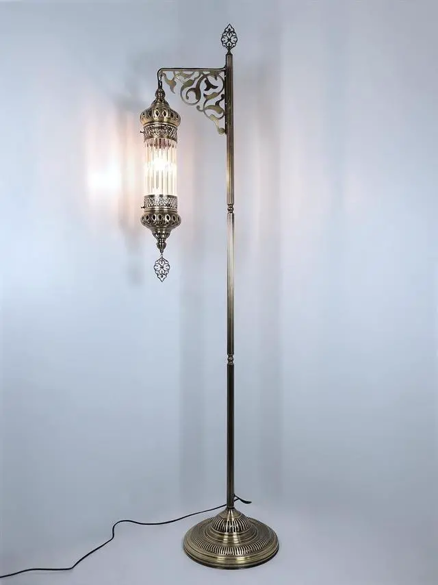 Alt view image 5 of 6 - DEMMEX Turkish Moroccan Ottoman Era Style Antique Vintage Standing Floor Lamp, Antique Brass Metal Body, Shatterproof Pyrex Glass, 5.5 ft -165cm