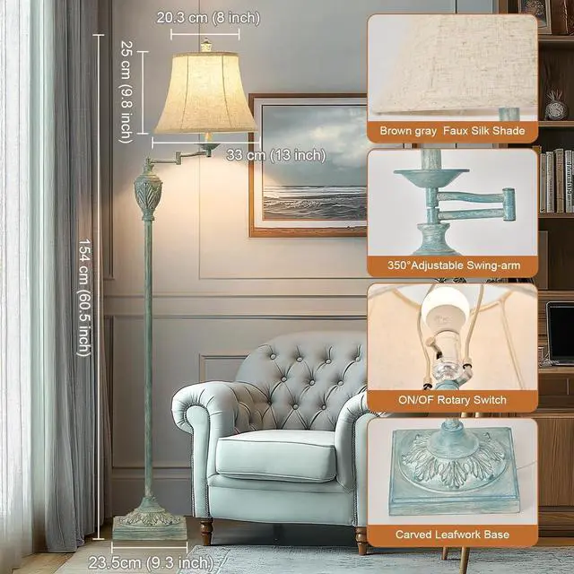 Alt view image 3 of 6 - Traditional LED Floor Lamp with 350° Adjustable Swing Arm Lamp  Vintage Standing Pole lamp for Living Room, Bedroom and Office  Rustic Upright Floor Light for Home Décor with Faux Silk Fabric Shade