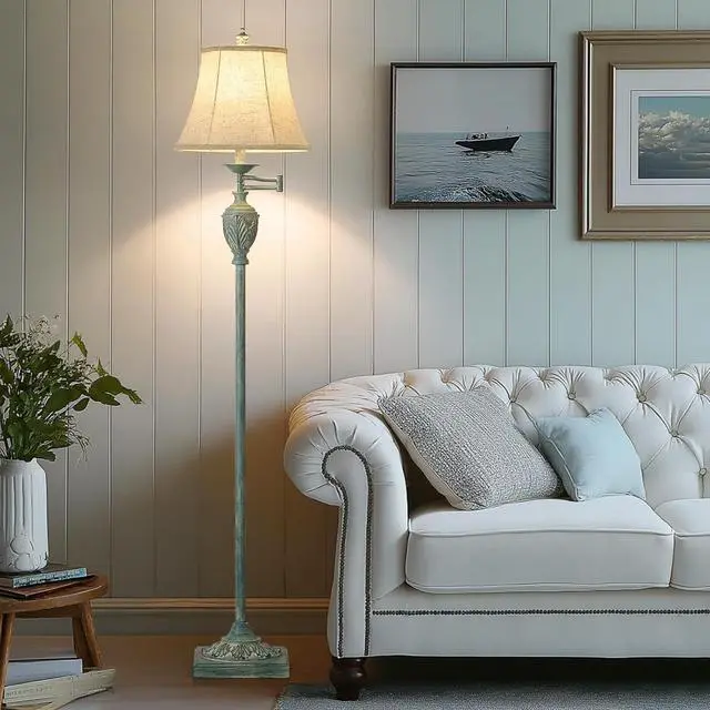 Alt view image 2 of 6 - Traditional LED Floor Lamp with 350° Adjustable Swing Arm Lamp  Vintage Standing Pole lamp for Living Room, Bedroom and Office  Rustic Upright Floor Light for Home Décor with Faux Silk Fabric Shade