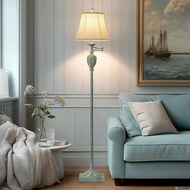 Main image of Traditional LED Floor Lamp with 350° Adjustable Swing Arm Lamp  Vintage Standing Pole lamp for Living Room, Bedroom and Office  Rustic Upright Floor Light for Home Décor with Faux Silk Fabric Shade