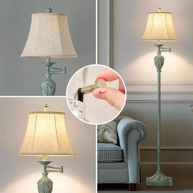 Alt view image 4 of 6 - Traditional LED Floor Lamp with 350° Adjustable Swing Arm Lamp  Vintage Standing Pole lamp for Living Room, Bedroom and Office  Rustic Upright Floor Light for Home Décor with Faux Silk Fabric Shade