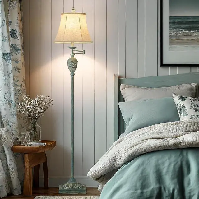 Alt view image 5 of 6 - Traditional LED Floor Lamp with 350° Adjustable Swing Arm Lamp  Vintage Standing Pole lamp for Living Room, Bedroom and Office  Rustic Upright Floor Light for Home Décor with Faux Silk Fabric Shade