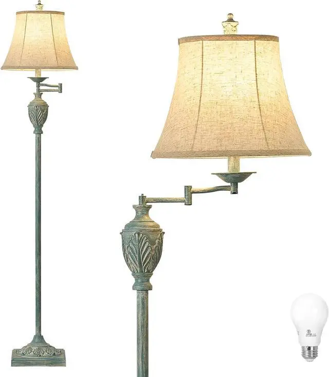 Alt view image 6 of 6 - Traditional LED Floor Lamp with 350° Adjustable Swing Arm Lamp  Vintage Standing Pole lamp for Living Room, Bedroom and Office  Rustic Upright Floor Light for Home Décor with Faux Silk Fabric Shade