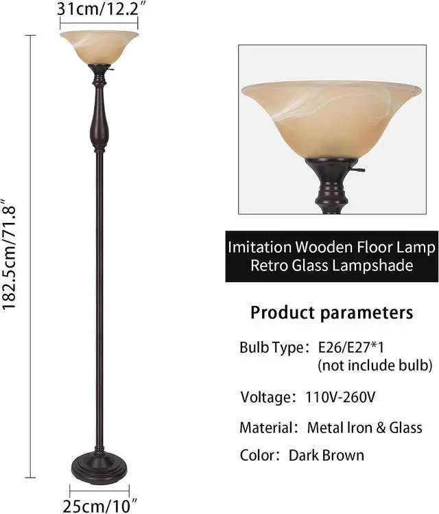 Alt view image 3 of 7 - HonoDing Torchiere Floor Lamp for Living Room, Standing Lamp with Glass Shade, Iron Brushed Nickel Floor Lamps, Corner Lamps for Bedroom, Office, Reading (Dark Brown)