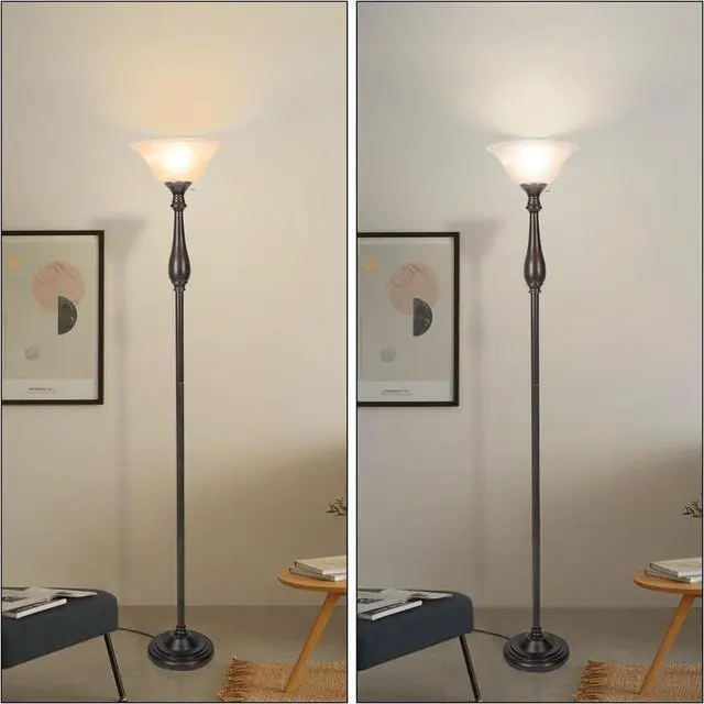 Alt view image 2 of 7 - HonoDing Torchiere Floor Lamp for Living Room, Standing Lamp with Glass Shade, Iron Brushed Nickel Floor Lamps, Corner Lamps for Bedroom, Office, Reading (Dark Brown)