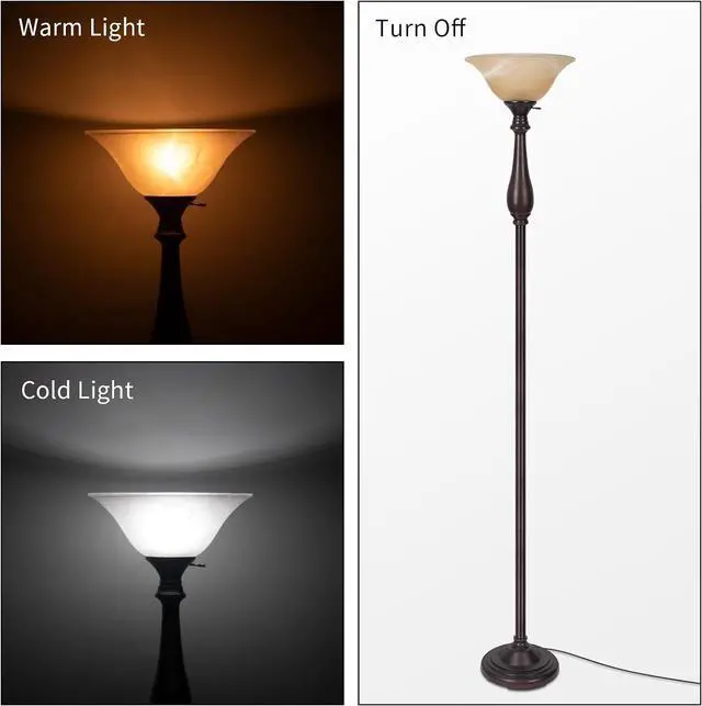 Alt view image 4 of 7 - HonoDing Torchiere Floor Lamp for Living Room, Standing Lamp with Glass Shade, Iron Brushed Nickel Floor Lamps, Corner Lamps for Bedroom, Office, Reading (Dark Brown)