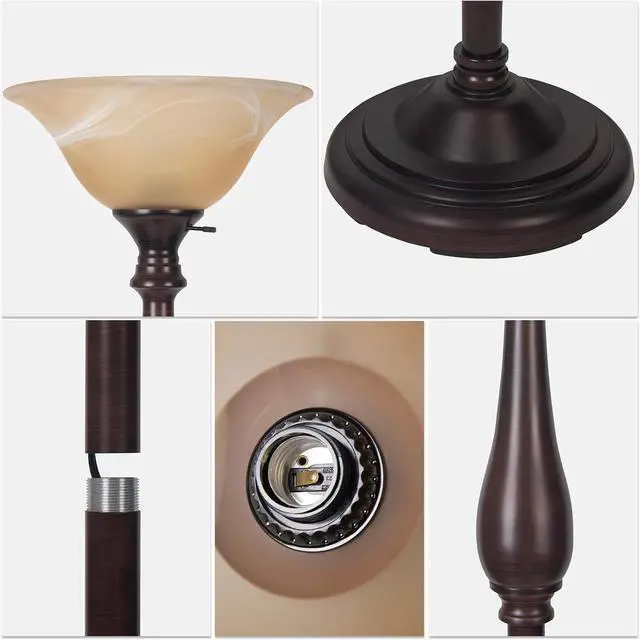 Alt view image 5 of 7 - HonoDing Torchiere Floor Lamp for Living Room, Standing Lamp with Glass Shade, Iron Brushed Nickel Floor Lamps, Corner Lamps for Bedroom, Office, Reading (Dark Brown)