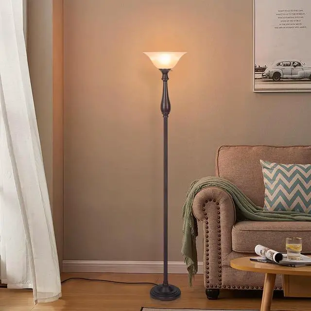 Alt view image 6 of 7 - HonoDing Torchiere Floor Lamp for Living Room, Standing Lamp with Glass Shade, Iron Brushed Nickel Floor Lamps, Corner Lamps for Bedroom, Office, Reading (Dark Brown)