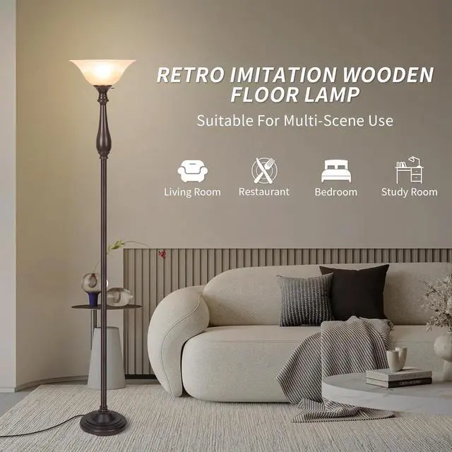 Alt view image 7 of 7 - HonoDing Torchiere Floor Lamp for Living Room, Standing Lamp with Glass Shade, Iron Brushed Nickel Floor Lamps, Corner Lamps for Bedroom, Office, Reading (Dark Brown)