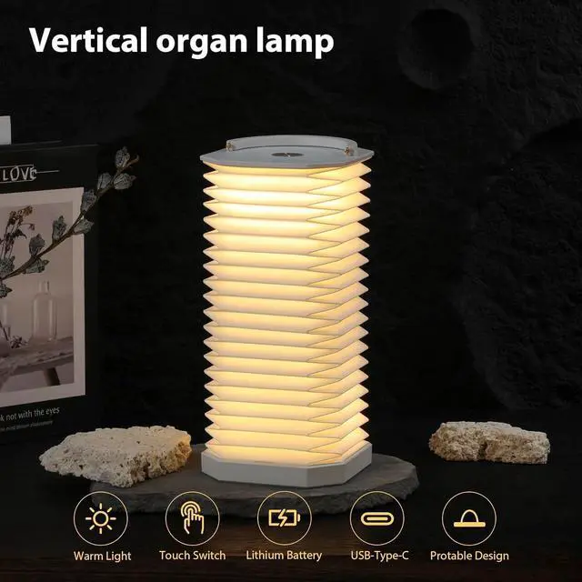 Alt view image 3 of 7 - Portable Paper Lamp,White Accordion Desk Lamp,Japanese Lanterns lamp for Home Decoration and Gift,Dimmable Bedside Lamp,1200mAh USB Powered Night Light for Bedroom,Office,Reading