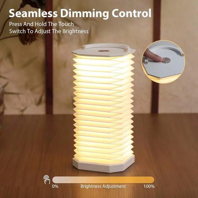 Alt view image 5 of 7 - Portable Paper Lamp,White Accordion Desk Lamp,Japanese Lanterns lamp for Home Decoration and Gift,Dimmable Bedside Lamp,1200mAh USB Powered Night Light for Bedroom,Office,Reading