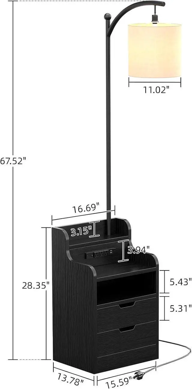 Alt view image 2 of 7 - MUTUN Wood Nightstand with 2 Drawers and Charging Station, Floor Lamp with Table, End Table with Open Shelves, Modern Side Tables for Bedroom, Living Room and Home Office (LED Bulb Included) (Black)