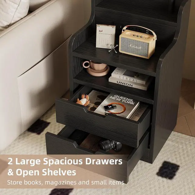 Alt view image 4 of 7 - MUTUN Wood Nightstand with 2 Drawers and Charging Station, Floor Lamp with Table, End Table with Open Shelves, Modern Side Tables for Bedroom, Living Room and Home Office (LED Bulb Included) (Black)