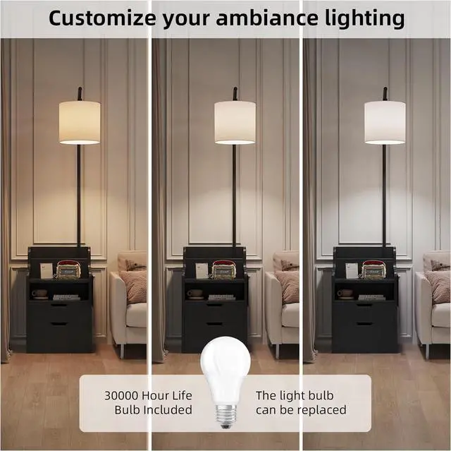 Alt view image 3 of 7 - MUTUN Wood Nightstand with 2 Drawers and Charging Station, Floor Lamp with Table, End Table with Open Shelves, Modern Side Tables for Bedroom, Living Room and Home Office (LED Bulb Included) (Black)