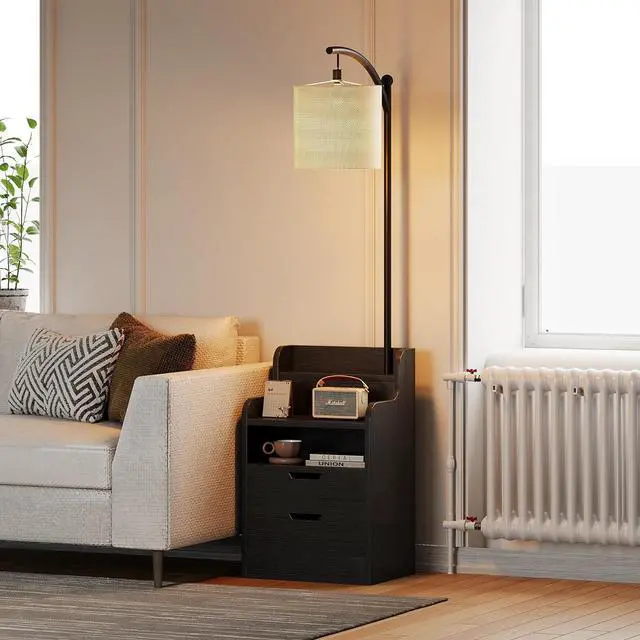 Main image of MUTUN Wood Nightstand with 2 Drawers and Charging Station, Floor Lamp with Table, End Table with Open Shelves, Modern Side Tables for Bedroom, Living Room and Home Office (LED Bulb Included) (Black)