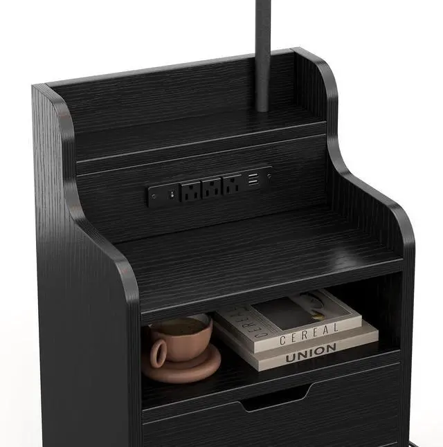 Alt view image 5 of 7 - MUTUN Wood Nightstand with 2 Drawers and Charging Station, Floor Lamp with Table, End Table with Open Shelves, Modern Side Tables for Bedroom, Living Room and Home Office (LED Bulb Included) (Black)
