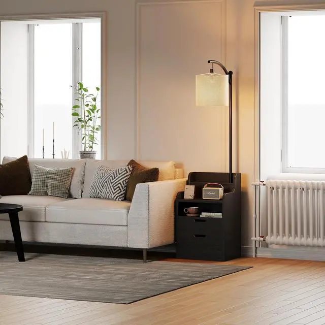 Alt view image 6 of 7 - MUTUN Wood Nightstand with 2 Drawers and Charging Station, Floor Lamp with Table, End Table with Open Shelves, Modern Side Tables for Bedroom, Living Room and Home Office (LED Bulb Included) (Black)