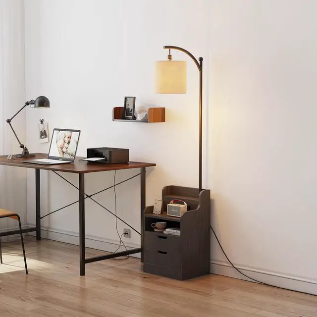 Alt view image 7 of 7 - MUTUN Wood Nightstand with 2 Drawers and Charging Station, Floor Lamp with Table, End Table with Open Shelves, Modern Side Tables for Bedroom, Living Room and Home Office (LED Bulb Included) (Black)