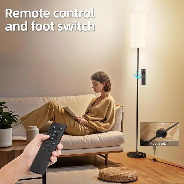 Alt view image 3 of 7 - Keepsmile LED Floor Lamps for Living Room,Dimmable Floor Lamp with Remote,Custom Tall Lamp for Bedroom with 12W LED Bulb,Pole Light with Lamp Shade Foot Switch,Modern Standing Lamps for Office Dining