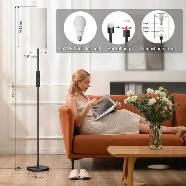 Alt view image 5 of 7 - Keepsmile LED Floor Lamps for Living Room,Dimmable Floor Lamp with Remote,Custom Tall Lamp for Bedroom with 12W LED Bulb,Pole Light with Lamp Shade Foot Switch,Modern Standing Lamps for Office Dining