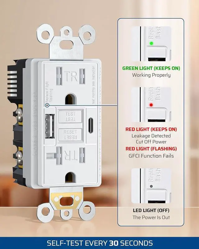 Alt view image 3 of 7 - DEWENWILS GFCI Outlet 15 AMP, Outdoor GFCI Outlet with USB Ports 30S Self-Test with Indicator Light, Tamper-Resistant Standard Electrical Outlets, Screwless Wall Plate, Clamping Plate, ETL Listed