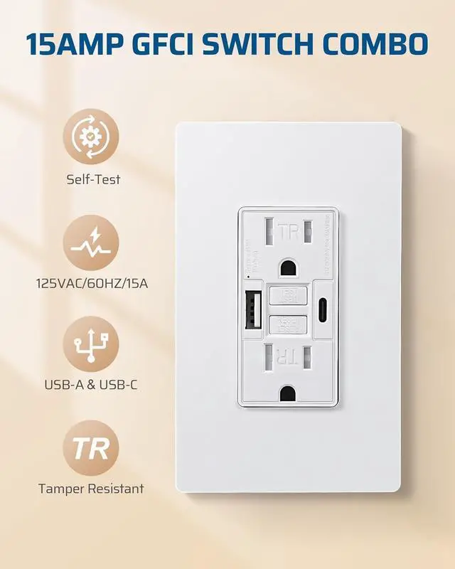 Alt view image 4 of 7 - DEWENWILS GFCI Outlet 15 AMP, Outdoor GFCI Outlet with USB Ports 30S Self-Test with Indicator Light, Tamper-Resistant Standard Electrical Outlets, Screwless Wall Plate, Clamping Plate, ETL Listed