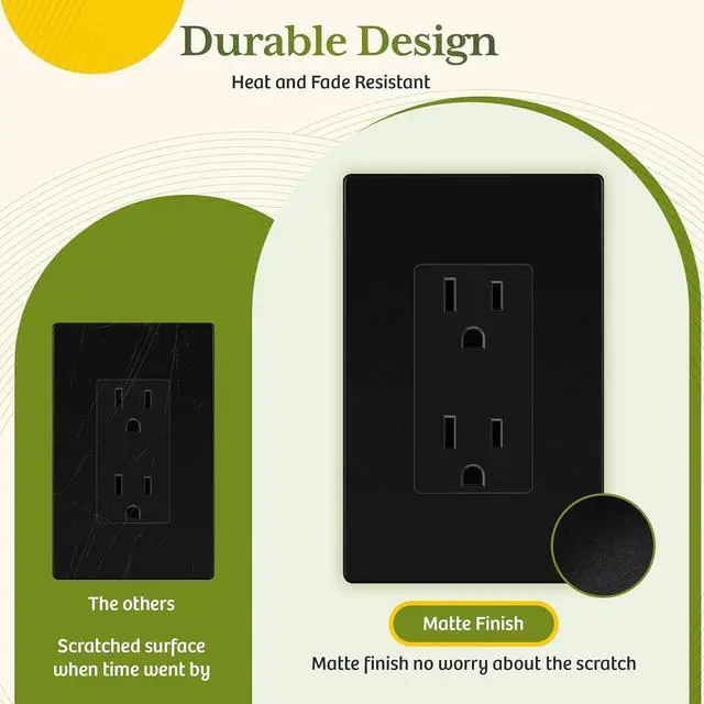 Alt view image 2 of 7 - TG 20 Pack Matte Black Decorator Receptacle with Screwless Wall Plate, Standard Electrical Wall Outlet, 15A 125V, Self-Grounding, 2-Pole, 3-Wire, 5-15R, UL Listed, Non Tamper Resistant