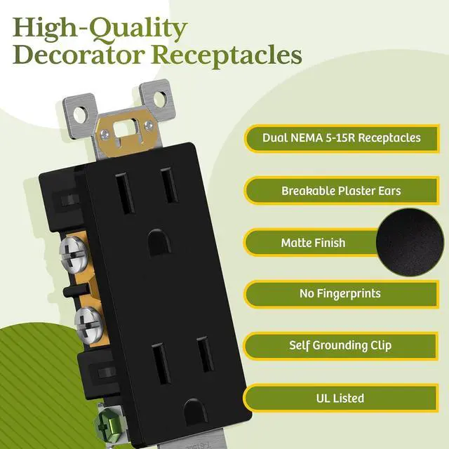 Alt view image 3 of 7 - TG 20 Pack Matte Black Decorator Receptacle with Screwless Wall Plate, Standard Electrical Wall Outlet, 15A 125V, Self-Grounding, 2-Pole, 3-Wire, 5-15R, UL Listed, Non Tamper Resistant