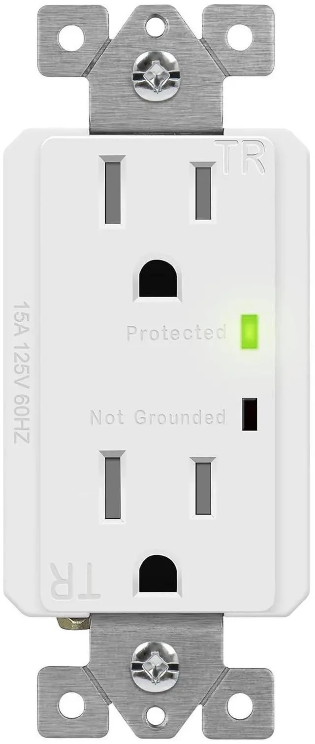 Main image of TOPGREENER Surge Protector Receptacle with Grounding Indicator, Child Safe, Tamper-Resistant, Self-Grounding, 900 Joules, 2-Pole, 15A 125V, UL Listed, TGTRSS215R, White