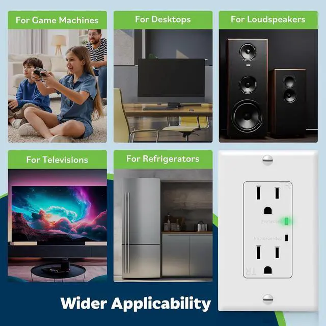 Alt view image 7 of 7 - TOPGREENER Surge Protector Receptacle with Grounding Indicator, Child Safe, Tamper-Resistant, Self-Grounding, 900 Joules, 2-Pole, 15A 125V, UL Listed, TGTRSS215R, White