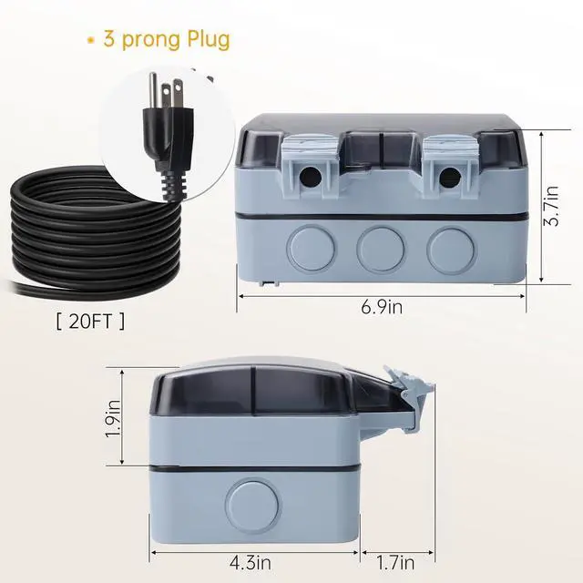 Alt view image 2 of 7 - STARELO Outdoor Power Outlet with 20FT Extension Cord, IP66 Waterproof Outdoor Wall Power Socket with Cover, 125V 15Amp 2-Gang Switched Wall Plug Socket Box with Switch On-Off and LED Indicator