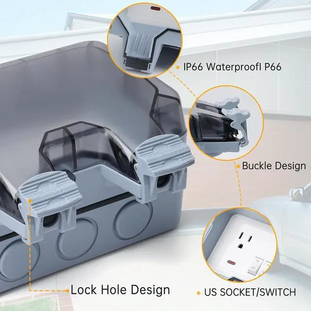 Alt view image 3 of 7 - STARELO Outdoor Power Outlet with 20FT Extension Cord, IP66 Waterproof Outdoor Wall Power Socket with Cover, 125V 15Amp 2-Gang Switched Wall Plug Socket Box with Switch On-Off and LED Indicator