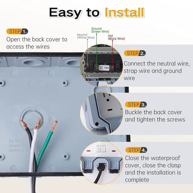 Alt view image 4 of 7 - STARELO Outdoor Power Outlet with 20FT Extension Cord, IP66 Waterproof Outdoor Wall Power Socket with Cover, 125V 15Amp 2-Gang Switched Wall Plug Socket Box with Switch On-Off and LED Indicator