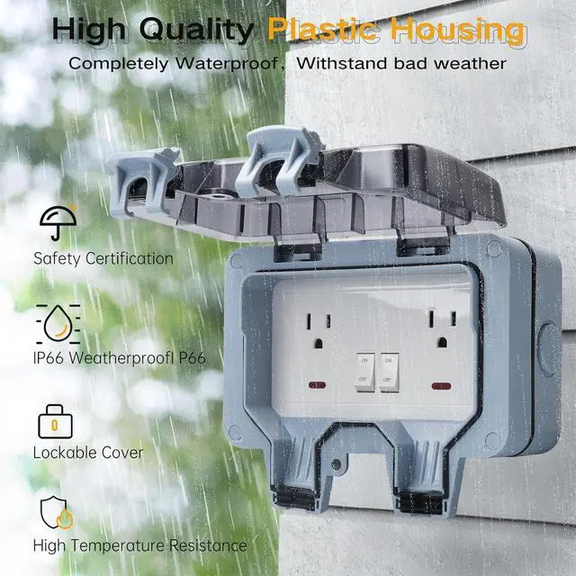 Alt view image 5 of 7 - STARELO Outdoor Power Outlet with 20FT Extension Cord, IP66 Waterproof Outdoor Wall Power Socket with Cover, 125V 15Amp 2-Gang Switched Wall Plug Socket Box with Switch On-Off and LED Indicator