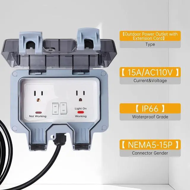 Alt view image 6 of 7 - STARELO Outdoor Power Outlet with 20FT Extension Cord, IP66 Waterproof Outdoor Wall Power Socket with Cover, 125V 15Amp 2-Gang Switched Wall Plug Socket Box with Switch On-Off and LED Indicator