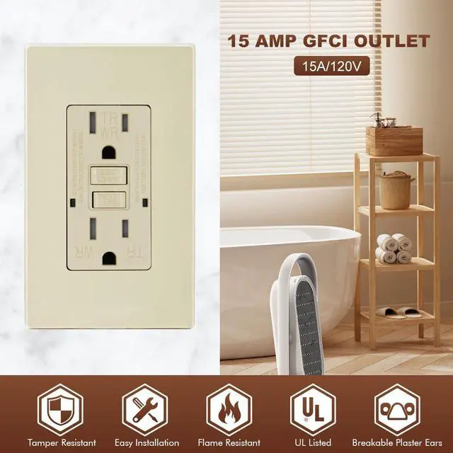 Alt view image 2 of 7 - Micmi GFCI Outlet WR Weather Resistant Tamper Resistant TR Receptacle Self-Test with LED Indicator, 15Amp 125 Volt Screwless Wallplate Included ETL Listed (6Pack, Ivory)