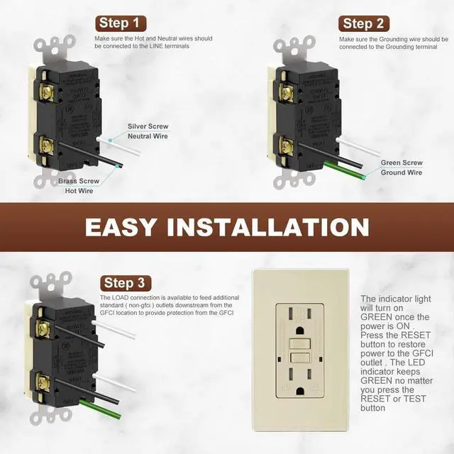 Alt view image 5 of 7 - Micmi GFCI Outlet WR Weather Resistant Tamper Resistant TR Receptacle Self-Test with LED Indicator, 15Amp 125 Volt Screwless Wallplate Included ETL Listed (6Pack, Ivory)