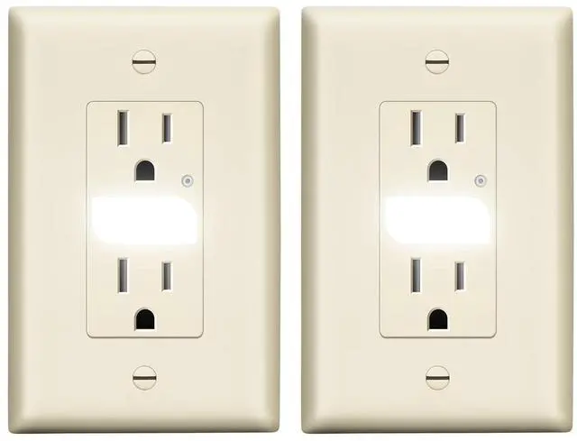 Main image of LIDER LED Guide Light Receptacle with Automatic Daylight Sensor and Wall Plate, Night Light Decorator Wall Outlet, 125VAC/15A Tamper-Resistant Receptacle,UL Listed, Light Almond, 2-Pack