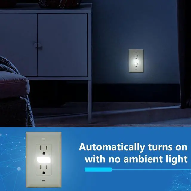 Alt view image 6 of 7 - LIDER LED Guide Light Receptacle with Automatic Daylight Sensor and Wall Plate, Night Light Decorator Wall Outlet, 125VAC/15A Tamper-Resistant Receptacle,UL Listed, Light Almond, 2-Pack