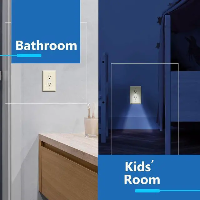 Alt view image 7 of 7 - LIDER LED Guide Light Receptacle with Automatic Daylight Sensor and Wall Plate, Night Light Decorator Wall Outlet, 125VAC/15A Tamper-Resistant Receptacle,UL Listed, Light Almond, 2-Pack