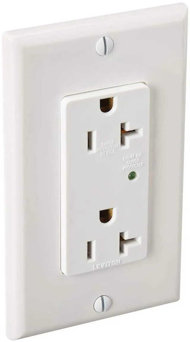 Main image of Leviton 20 Amp, 125 Volt, Decora Plus Duplex Surge Suppressor Receptacle, Straight Blade, Industrial Grade, Surge with Indicator Light, 5380-W, White