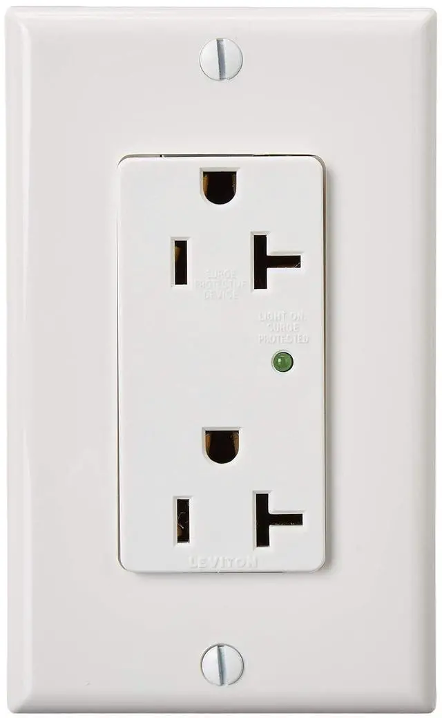 Alt view image 2 of 5 - Leviton 20 Amp, 125 Volt, Decora Plus Duplex Surge Suppressor Receptacle, Straight Blade, Industrial Grade, Surge with Indicator Light, 5380-W, White