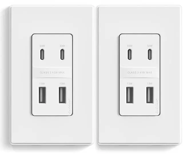Main image of ELEGRP 42W Fast Charge & Power Delivery 4-Port USB Charger, Wall Outlet with 4 USB Ports, UL/CUL Listed, Wall Plate Included, 2 Pack, Matte White