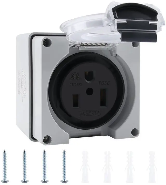 Main image of Newdeli 50 amp Power Outlet Box NEMA 5-50R Receptacle 125V Weatherproof Dustproof Outdoor Receptacle Box for EV RV Electric Car Generators Welding Machines Plasma Cutter - ETL Listed