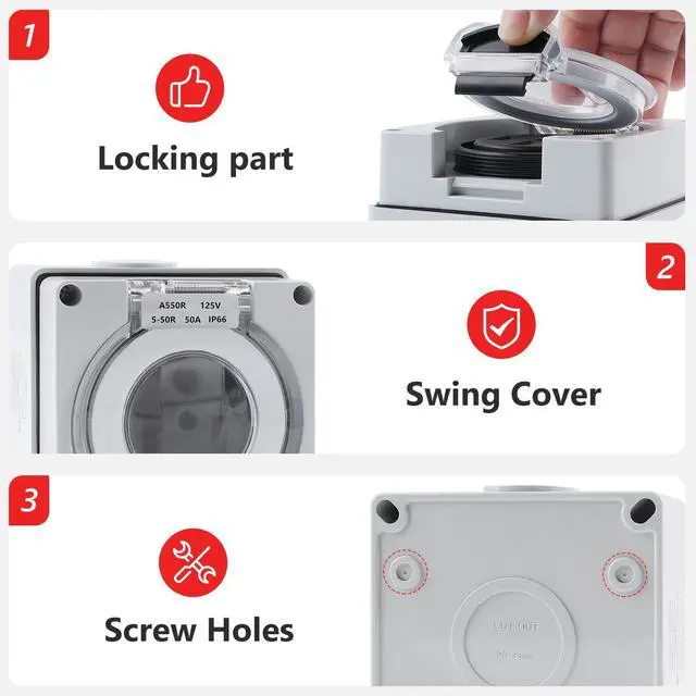 Alt view image 3 of 7 - Newdeli 50 amp Power Outlet Box NEMA 5-50R Receptacle 125V Weatherproof Dustproof Outdoor Receptacle Box for EV RV Electric Car Generators Welding Machines Plasma Cutter - ETL Listed