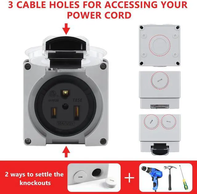 Alt view image 4 of 7 - Newdeli 50 amp Power Outlet Box NEMA 5-50R Receptacle 125V Weatherproof Dustproof Outdoor Receptacle Box for EV RV Electric Car Generators Welding Machines Plasma Cutter - ETL Listed