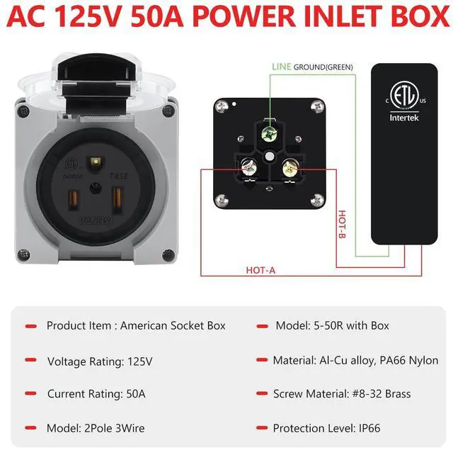 Alt view image 2 of 7 - Newdeli 50 amp Power Outlet Box NEMA 5-50R Receptacle 125V Weatherproof Dustproof Outdoor Receptacle Box for EV RV Electric Car Generators Welding Machines Plasma Cutter - ETL Listed