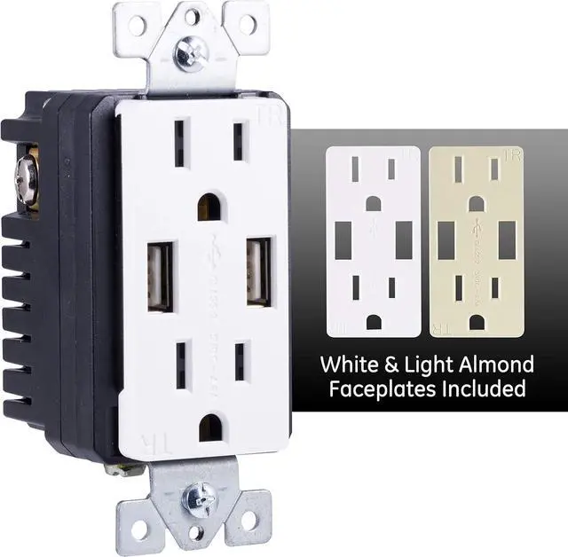 Main image of GE In-Wall USB Receptacle, 2 Outlets, 2 USB Outlet, Tamper-resistant, Electrical Outlet, 4.8A/24W, White and Light Almond, No Wall plate, 40405