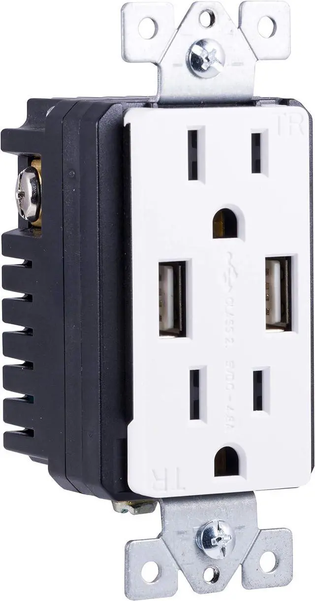 Alt view image 2 of 7 - GE In-Wall USB Receptacle, 2 Outlets, 2 USB Outlet, Tamper-resistant, Electrical Outlet, 4.8A/24W, White and Light Almond, No Wall plate, 40405